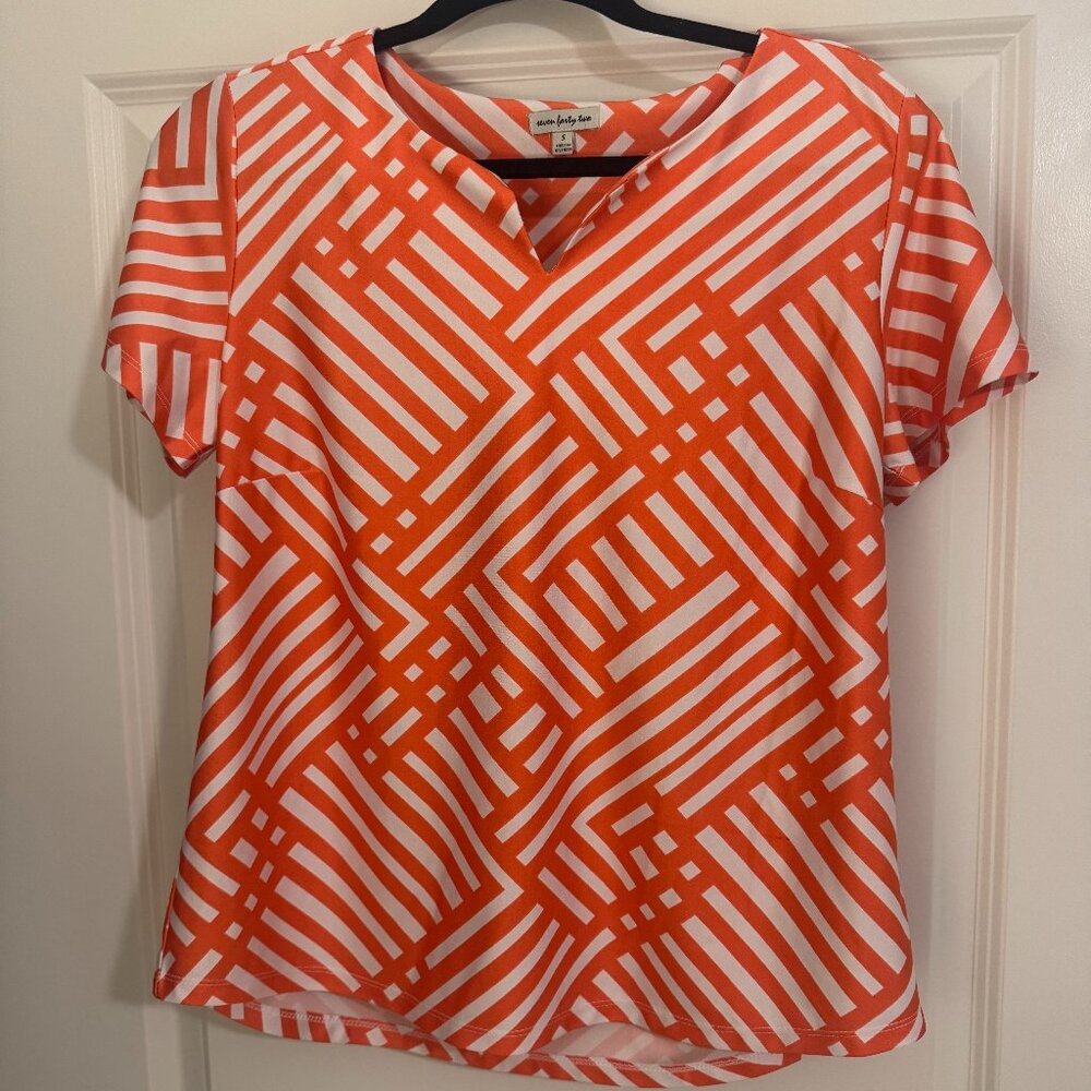 Seven Forty Two Womens Geometric Print Blouse - Orange & White - Size S